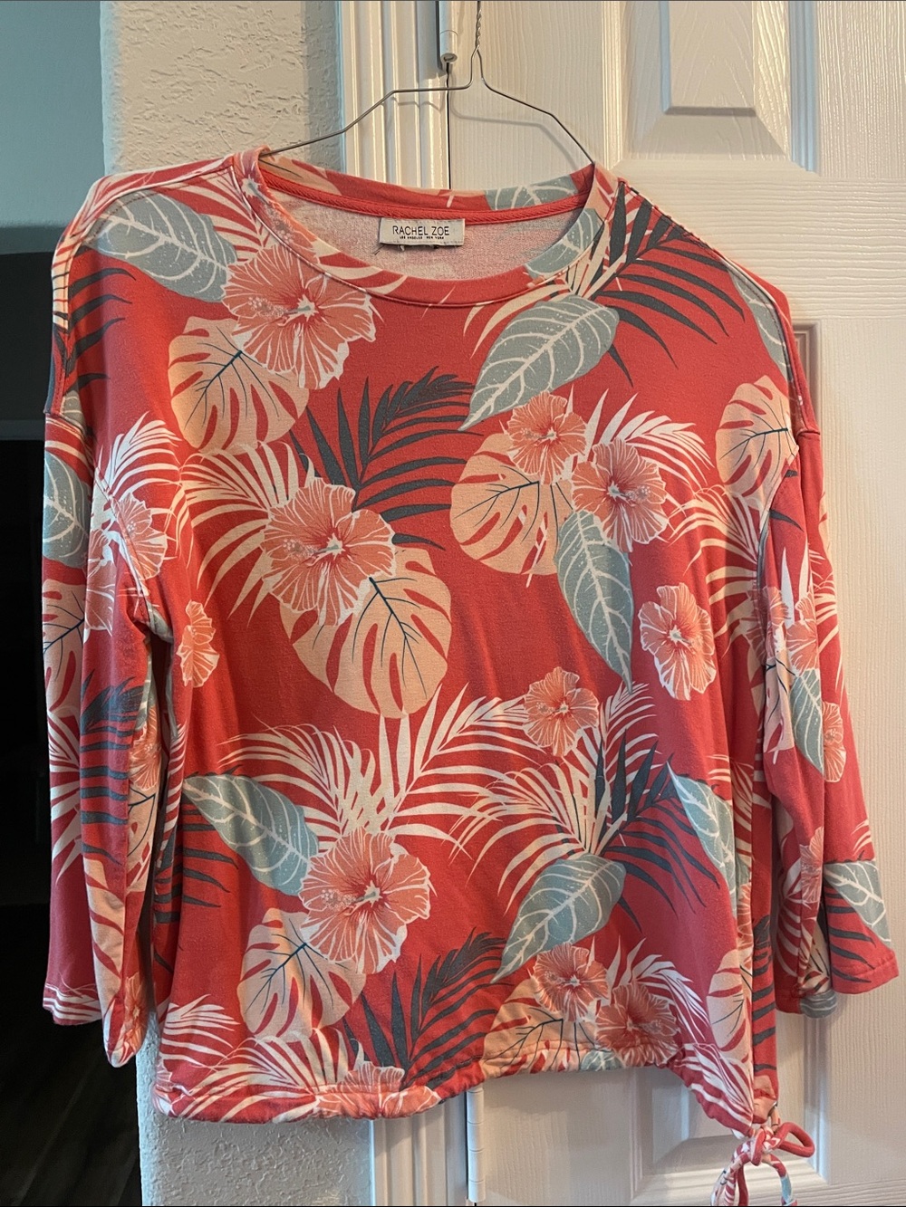 Rachel Zoe Coral Floral 3/4 Sleeve Drawstring Hem Top L